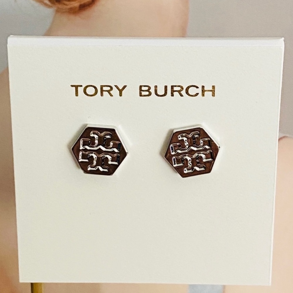 TORY BURCH HEX LOGO STUD EARRINGS